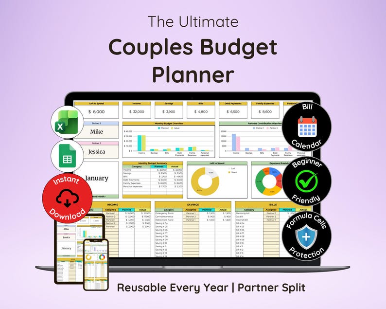 May include: A laptop displaying a couples budget planner spreadsheet. The screen shows financial data with charts and graphs. Icons indicate instant download, beginner-friendly, and formula protection. The text reads "The Ultimate Couples Budget Planner."