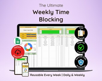 タイムブロッキングテンプレート | 週間タイムブロッキングスプレッドシート | 週間スケジュールプランナー | タスクトラッカー | 日別スケジュールプランナー