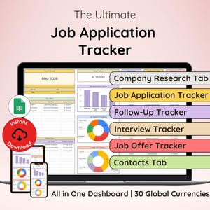 May include: A digital job application tracker dashboard displayed on a laptop screen and two mobile devices. The interface includes charts, tables, and tabs labeled Company Research, Job Application, Follow-Up, Interview, Job Offer, and Contacts.