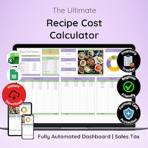 Może przedstawiać: Laptop wyświetlający arkusz kalkulacyjny kalkulatora kosztów przepisów z tekstem "The Ultimate Recipe Cost Calculator". Dodatkowe ikony wskazują funkcje, takie jak śledzenie zapasów i przyjazny dla początkujących design.