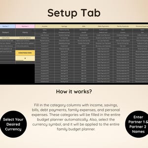 Op de afbeelding: Een instellingstabblad voor een digitale budgetplanner met een spreadsheet met kolommen voor inkomen, spaargeld, rekeningen, schulden en uitgaven. De interface bevat velden voor namen van partners, valutaselectie en instructies voor gebruik.