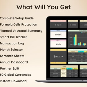 Op de afbeelding: Een digitaal budgetoverzicht op een laptopscherm, met een maandelijks budgetoverzicht, staafdiagrammen en tabellen. De tekst 'What Will You Get' wordt gevolgd door een lijst met functies, waaronder een installatiehandleiding en een dashboard.