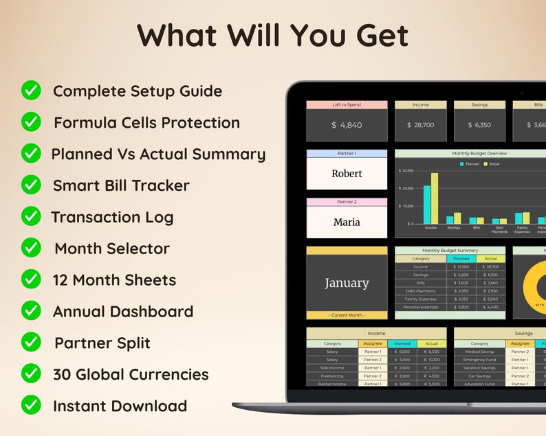 Op de afbeelding: Een digitaal budgetoverzicht op een laptopscherm, met een maandelijks budgetoverzicht, staafdiagrammen en tabellen. De tekst 'What Will You Get' wordt gevolgd door een lijst met functies, waaronder een installatiehandleiding en een dashboard.
