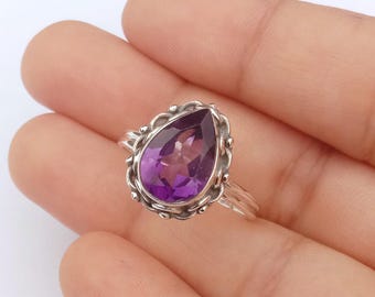 Handgefertigter 925er Sterlingsilber-Amethyst-Ring: Pear Stone Statement