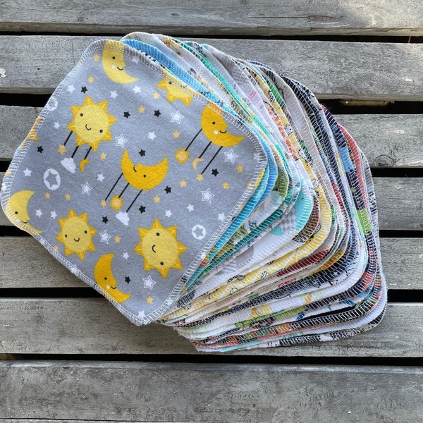 2 ply- 30 Reusable Cloth Baby Wipes- 7"x7" Flannel Special Sale Price You pick Patterns, or Assorted Ready to Ship