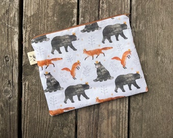 Travel Wet Bag -The Fox and the Bear-Optional Strap Available- Bikini Bag, Menstrual Care Bag, Baby Gift, Cloth Diaper Bag