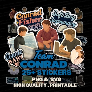 May include: A set of over 25 stickers with illustrations of a young man, including text like "Conrad Fisher Energy" and "Soft Boy Supremacy." The stickers are available in PNG and SVG formats, and are high quality and printable.