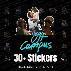 Könnte beinhalten: Eine digitale Sammlung von über 30 Aufklebern mit verschiedenen Charakteren und Szenen, darunter eine Person im Eishockeytrikot und Personen in Freizeitkleidung. Der Text Off Campus und 30+ Stickers ist in Blau und Weiß gehalten.