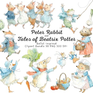 Może przedstawiać: Akwarelowe ilustracje postaci z Piotrusia Królika i Opowieści Beatrix Potter, w tym świnie, żaba, lis, kot, królik, gęś, myszy i jeż. Wyświetlany jest tekst "Peter Rabbit and Tales of Beatrix Potter". Zestaw clipartów inspirowanych baletem.