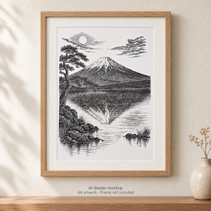Mount Fuji Pen Plotter Drawing, A4 Black Ink Japanese Landscape, Unframed