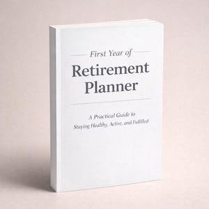 May include: A white book titled "First Year of Retirement Planner" with the subtitle "A Practical Guide to Staying Healthy, Active, and Fulfilled." The book is standing upright, with a clean, minimalist design.