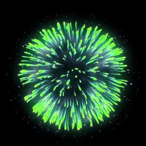 Könnte beinhalten: Ein leuchtend grünes Feuerwerk vor schwarzem Hintergrund. Die Feuerwerkskörper explodieren in einem kreisförmigen Muster, wobei leuchtend grüne Streifen nach außen strahlen. Das Bild enthält ein "1080p FULL HD"-Logo in der oberen rechten Ecke.