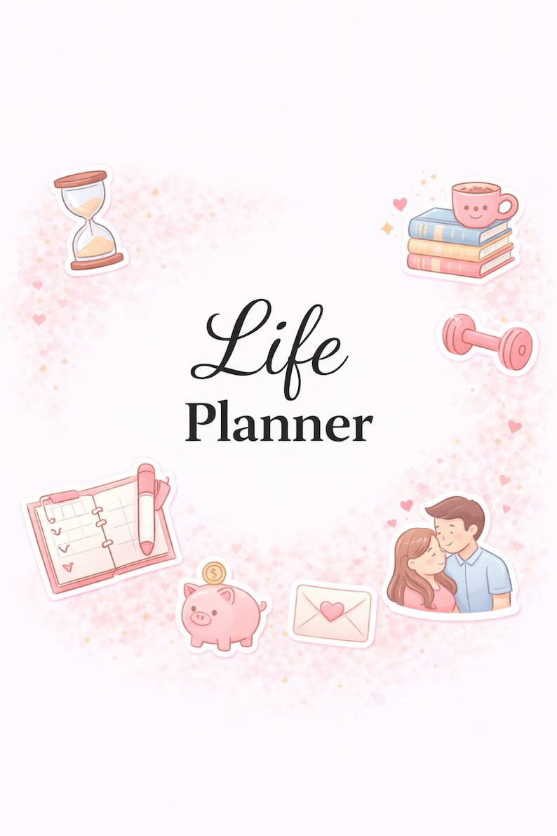May include: A Life Planner graphic featuring black text surrounded by pink illustrations including an hourglass, a stack of books with a mug, a dumbbell, an open planner with a pen, a piggy bank with a coin, an envelope with a heart, and a couple.