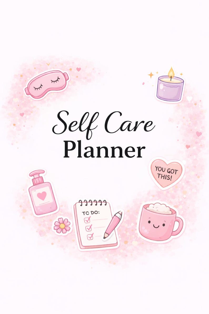 May include: A Self Care Planner cover featuring black text surrounded by pink illustrations including a sleep mask, a lit candle, a heart with the text YOU GOT THIS!, a lotion bottle, a flower, a spiral notepad with a pen, and a smiling mug.
