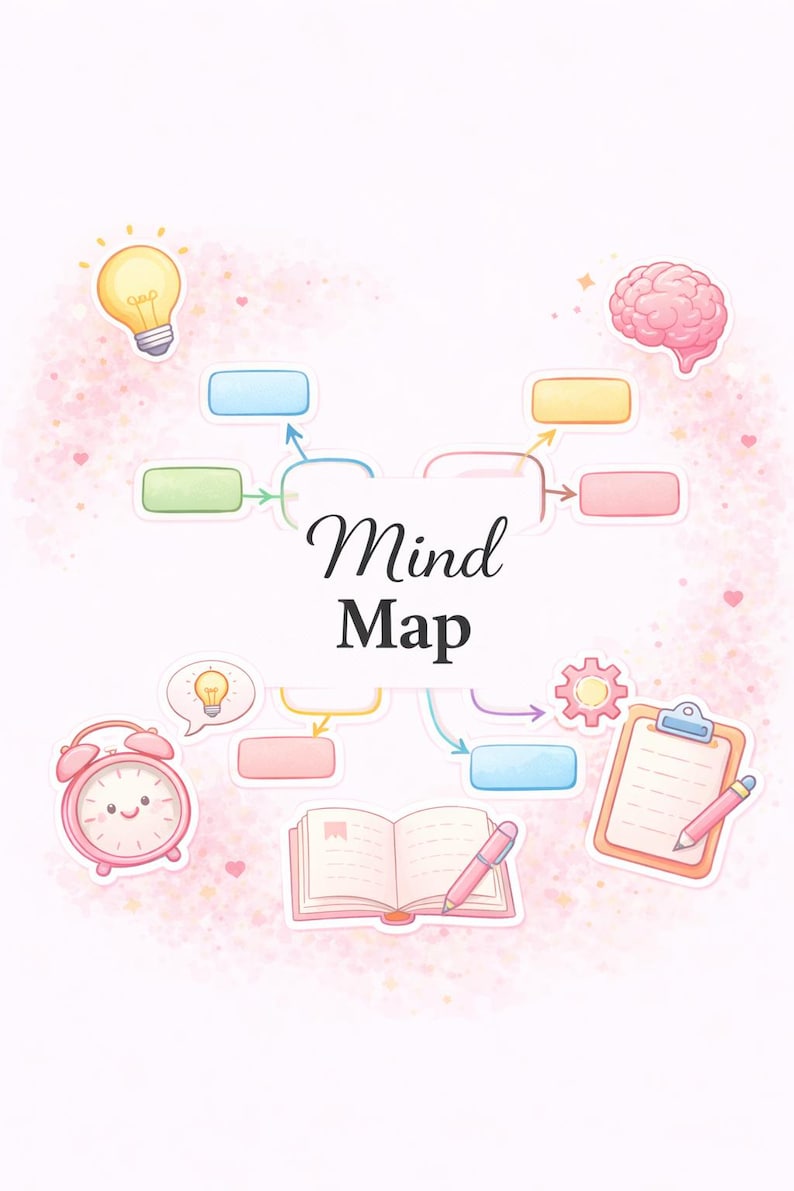 May include: A mind map template featuring the text "Mind Map" in the center, surrounded by colorful blank rectangular boxes, arrows, a lightbulb, a brain, a smiling alarm clock, an open notebook with a pen, and a clipboard with a pen.