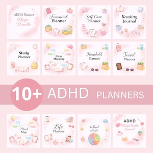 May include: A digital ADHD planner mega bundle featuring 10+ planners including Financial, Self Care, Reading, Study, Household, Travel, Life, and Mental Health journals. Each section displays pastel illustrations like calculators, piggy banks, and books on a soft pink background with text labels.