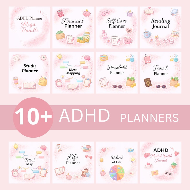 May include: A digital ADHD planner mega bundle featuring 10+ planners including Financial, Self Care, Reading, Study, Household, Travel, Life, and Mental Health journals. Each section displays pastel illustrations like calculators, piggy banks, and books on a soft pink background with text labels.