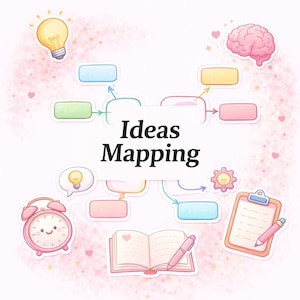 May include: A mind map diagram with the text Ideas Mapping in the center, surrounded by colorful blank rectangular boxes, arrows, a lightbulb, a brain, a pink alarm clock, an open notebook with a pen, and a clipboard with a pen on a pink background.