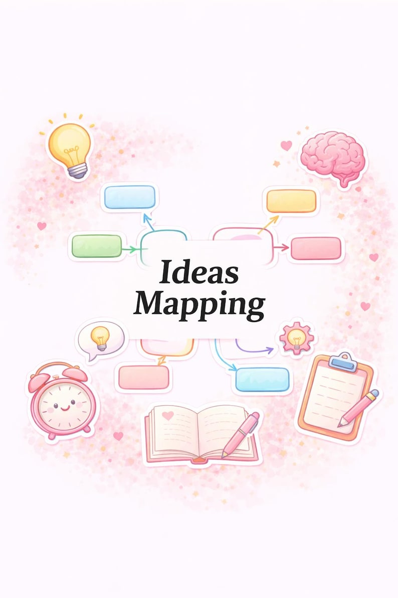 May include: A mind map diagram with the text Ideas Mapping in the center, surrounded by colorful blank rectangular boxes, arrows, a lightbulb, a brain, a pink alarm clock, an open notebook with a pen, and a clipboard with a pen on a pink background.