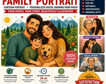 Custom Family Portrait Illustration, Cartoon Portrait, Personalized Digital Drawing From Photo, Memorial Gift for Mom, Gift for her