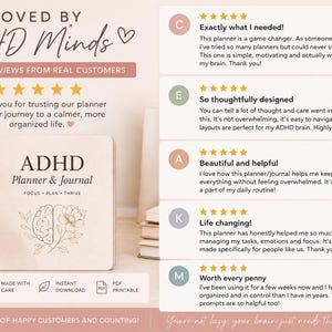 May include: A spiral-bound ADHD Planner & Journal with a beige cover featuring a brain and flower line art illustration. The text reads ADHD Planner & Journal FOCUS PLAN THRIVE. Five customer reviews with five-star ratings are displayed.