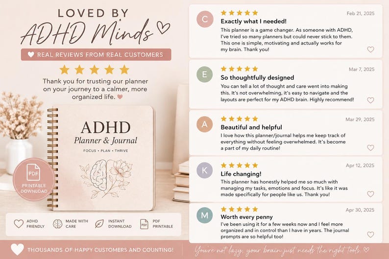 May include: A spiral-bound ADHD Planner & Journal with a beige cover featuring a brain and flower line art illustration. The text reads ADHD Planner & Journal FOCUS PLAN THRIVE. Five customer reviews with five-star ratings are displayed.