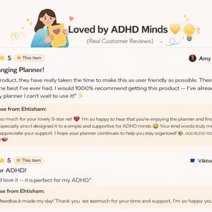 May include: A digital graphic displaying customer reviews titled Loved by ADHD Minds. It features two five-star reviews from Amy and Viktoria, including their written feedback and responses from Ehtisham, accompanied by a cartoon illustration of a person.