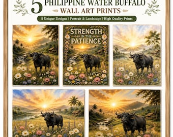 Philippine Water Buffalo Wall Art Set of 5 | Rustic Farmhouse Prints | Vintage Carabao Digital Download
