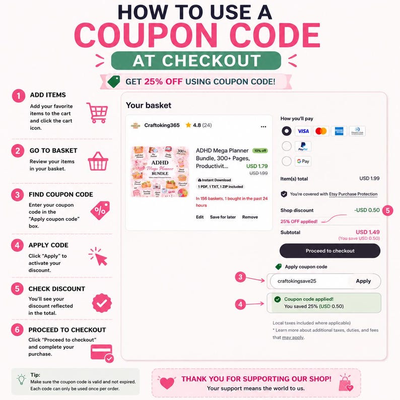 May include: An instructional infographic titled HOW TO USE A COUPON CODE AT CHECKOUT. It displays six numbered steps with icons and a visual representation of an Etsy shopping cart interface showing the application of a 25% discount code.