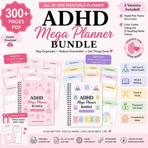 Könnte beinhalten: Ein ADHD Mega Planner-Paket mit über 300 druckbaren PDF-Seiten. Es enthält zwei Versionen: ein pastellrosa Design und ein farbcodiertes Kategorien-Design mit fünf Pastellfarben, inklusive verschiedener Planungsblätter für Alltag und Finanzen.