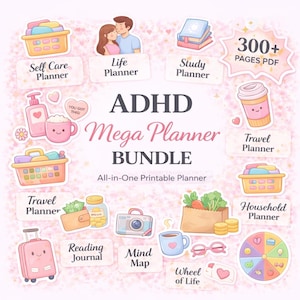 Pode incluir: Um pacote digital ADHD Mega Planner com mais de 300 páginas. A imagem apresenta várias categorias de planejadores, incluindo Cuidados Pessoais, Vida, Estudo e Viagens. O design inclui ilustrações de uma mala, xícara de café e outros.