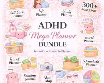 Pakiet Mega Planera ADHD, ponad 300 stron, dziennik produktywności (plik PDF do druku)