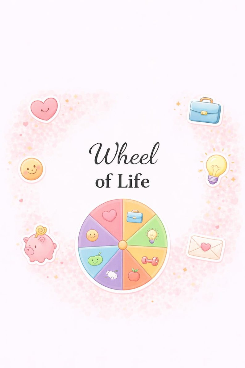 May include: A Wheel of Life graphic featuring a central circular spinner divided into eight colorful segments with icons representing a heart, briefcase, lightbulb, dumbbell, apple, cloud, smiley face, and piggy bank, surrounded by matching icons.