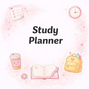 May include: A study planner cover featuring the text Study Planner in black font. Surrounding the text are illustrations of a pink checklist, a pink clock, a coffee cup with a face, an open book with a pen, a yellow backpack, and a pink flower.