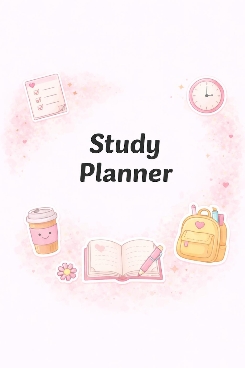 May include: A study planner cover featuring the text Study Planner in black font. Surrounding the text are illustrations of a pink checklist, a pink clock, a coffee cup with a face, an open book with a pen, a yellow backpack, and a pink flower.