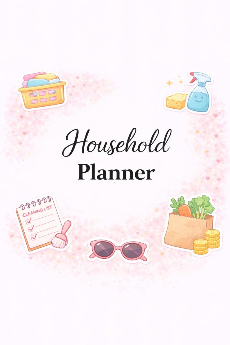 May include: A Household Planner cover page featuring the text Household Planner in the center. Surrounding the text are illustrations of a laundry basket, a spray bottle with a sponge, a cleaning list with a brush, pink sunglasses, and a grocery bag.