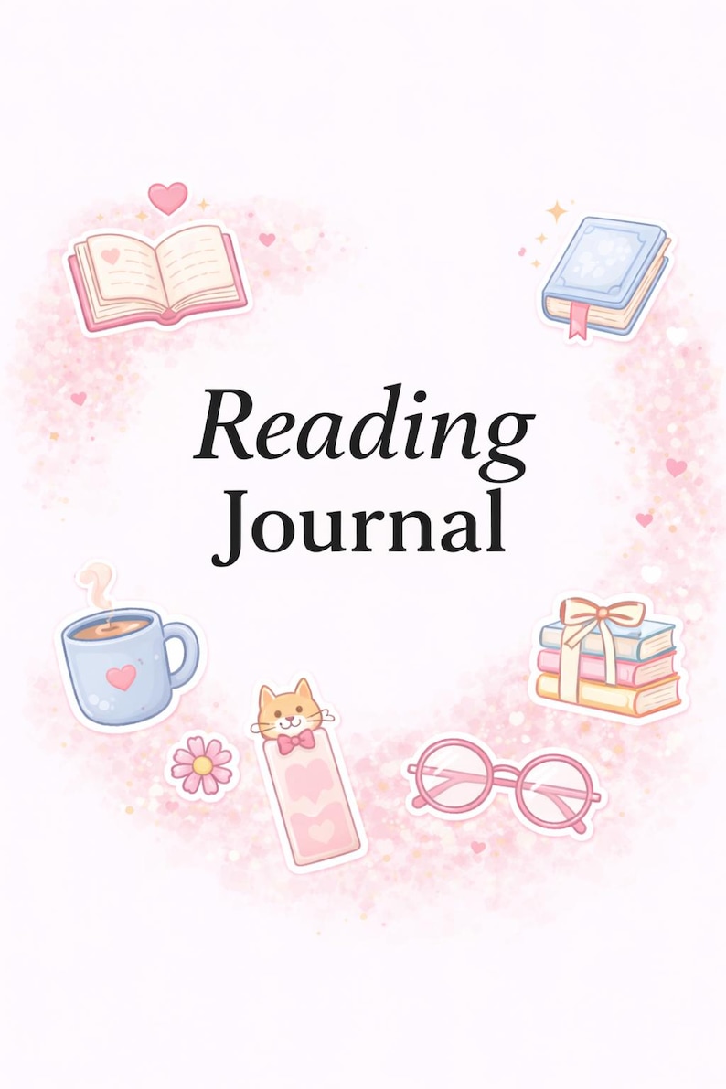 May include: A Reading Journal cover featuring a central title in black text surrounded by illustrations of an open book, a closed blue book, a stack of three books with a bow, a steaming mug with a heart, a cat bookmark, a pink flower, and pink glasses.
