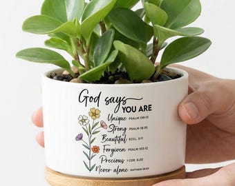 Chrześcijańska doniczka, prezent "Bóg mówi, że jesteś", inspirująca doniczka, prezent religijny dla kobiet, dekoracja z wersetami biblijnymi, prezent wiary