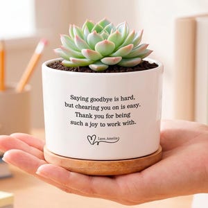 May include: A white ceramic succulent planter with a bamboo saucer featuring the printed text: Saying goodbye is hard, but chearing you on is easy. Thank you for being such a joy to work with. Love, Amelia. A green succulent plant sits inside.