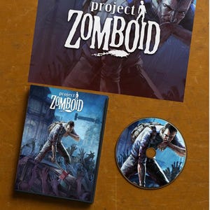 Caja completa de coleccionista limitada de Project Zomboid: caja, disco funcional (sin datos del juego), pegatinas y póster pequeño.