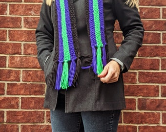 Striped Hand Knit Scarf (Black/Purple/Neon Green)