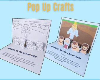 Könnte beinhalten: Ein Pop-up-Bastelprojekt mit der Geschichte von Daniel in der Löwengrube. Das Design umfasst Illustrationen von Daniel, Löwen und einem Engel mit Text aus Daniel 6:22. Die Worte "Daniel In the Lion's Den" und "Pop Up Crafts" sind oben zu sehen. Die Worte "Instant Download" stehen unten.