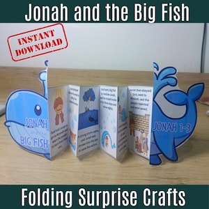 May include: A blue and white folding craft featuring the story of Jonah and the Big Fish. The craft includes illustrations and text from the biblical story. The words "Instant Download" are in a red rectangle. The words "Folding Surprise Crafts" are at the bottom.