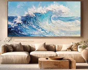 Lienzo de arte de pared con olas oceánicas texturizadas de gran tamaño, arte de pared texturizado azul y blanco, pintura oceánica, pintura de paisaje marino, lienzo de arte de pared para sala de estar