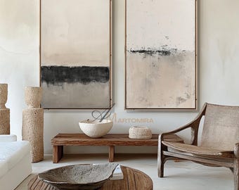 Grande dipinto a mano, dittico a olio, tela astratta beige e nera, decorazione murale minimalista Wabi Sabi per interni domestici