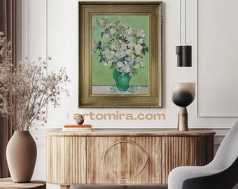 Van Gogh White Roses Painting | Vintage Gold Framed Wall Art | Impressionist Floral Canvas Print or Hand-Painted Oil Painting