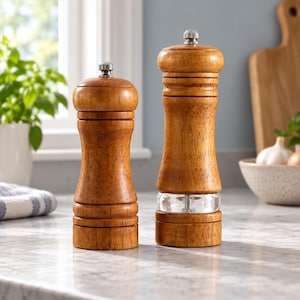 May include: Two wooden salt and pepper grinders with a natural brown finish and visible wood grain. Each mill features a rounded top, a contoured hourglass-shaped body, and a small silver-colored metal knob at the very top for adjustment.