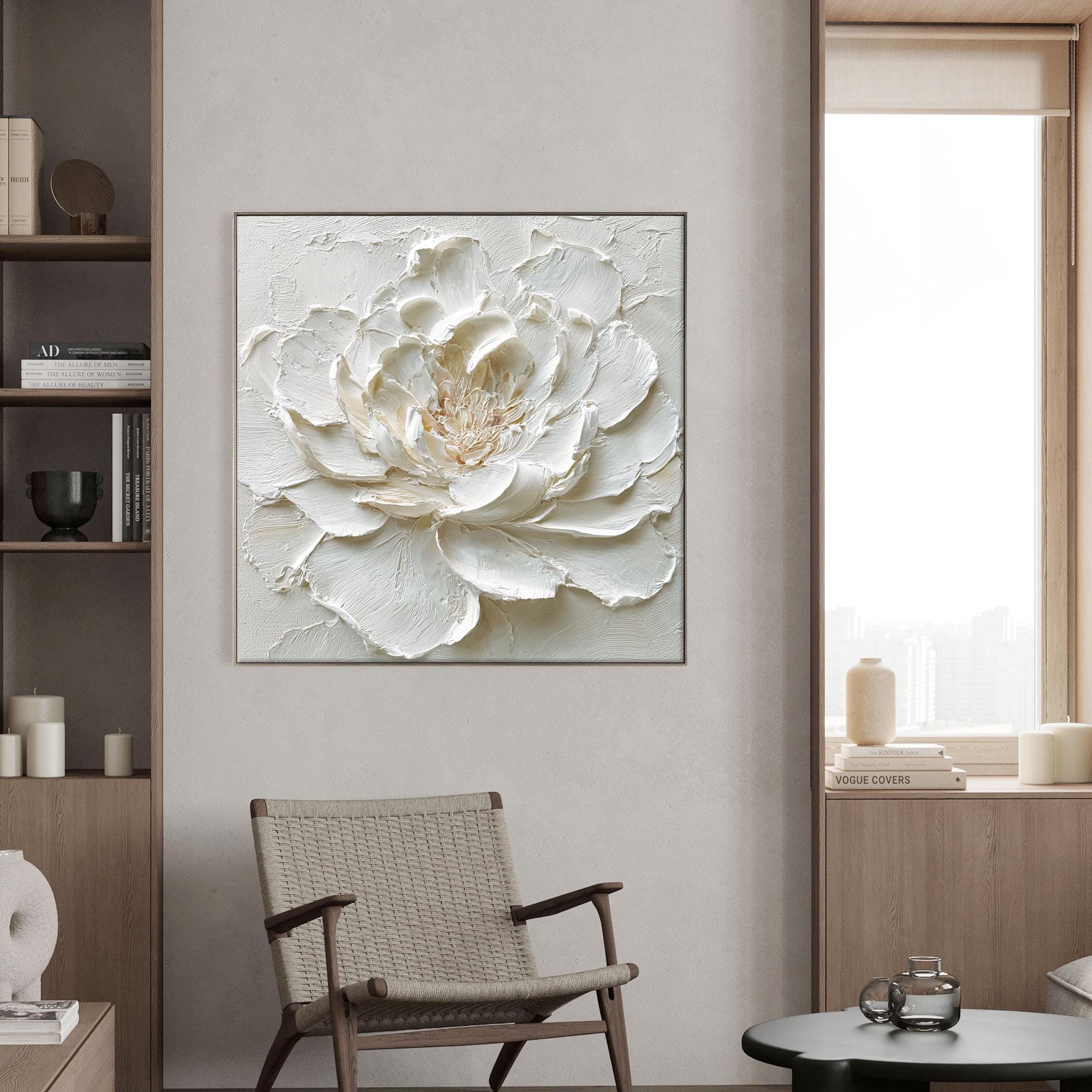 Minimalist White Peony Flower Wall Art, Original Oil Painting on Canvas, Modern Nursery Bedroom Decor, Handmade Gift