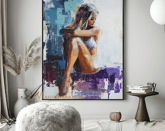 Emotional Woman Portrait Oil Painting | Expressive Female Figure Art | Modern Canvas Wall Art for Living Room |  Emotional Artwork