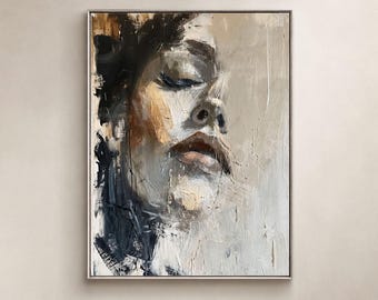 Abstract Woman Face Oil Painting, Textured Impasto Portrait Wall Art, Neutral Beige Grey Canvas Artwork, Modern Minimal Bedroom Home Decor